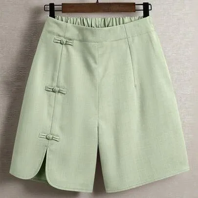 Elastic Waist Round Slit Chinese Knot Button Decor Shorts by EMERY ROSE