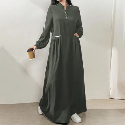 Zipper Long Sleeve Pockets Arabian Style Modest Maxi Dress by Al Najma