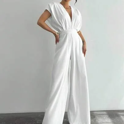 Deep V-Neck Batwing Sleeve Wide Leg Linen Jumpsuit Backless Strappy