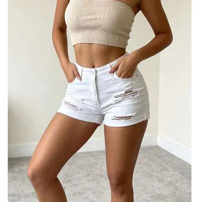 Stretch Tight Denim Shorts Torn Holes by SHEIN