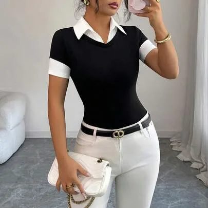 Contrast Collared V-Neck Fitted Short Sleeve T-Shirt Top by SHEIN