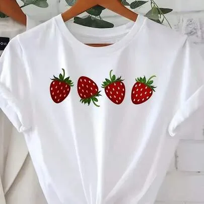 Strawberry Print Short Sleeve Round Neck T-Shirt by SHEIN