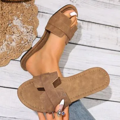 Suede H-Shaped Slide Sandals Retro Round Toe Flat Slippers Thick Soft Sole by SHEIN