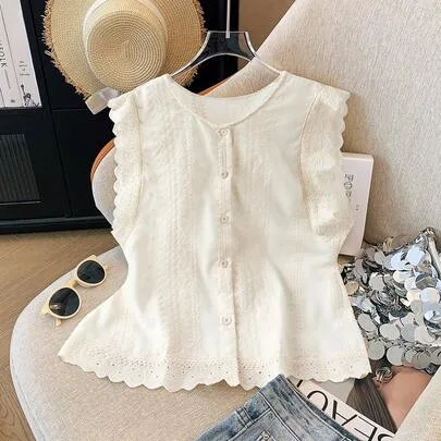 Round Neck Geometric Embroidery Pattern Casual Shirt by GlowEve