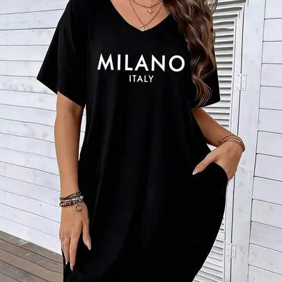 Milano Italy Knitted Midi Tee Dress with V Neck Half Sleeve Drop Shoulder by SHEIN