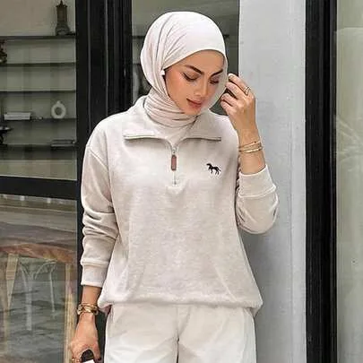 Pattern Printed Half-Zipper Sweatshirt, Embroidery Patched Long Sleeve by DAZY
