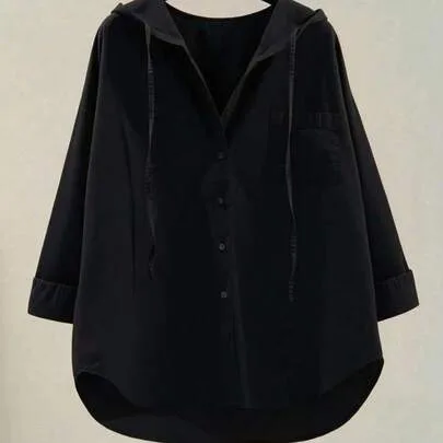 Solid Color Drawstring Hooded Button-Down Shirt, Long Sleeve Chest Pocket Curved Hem by SHEIN