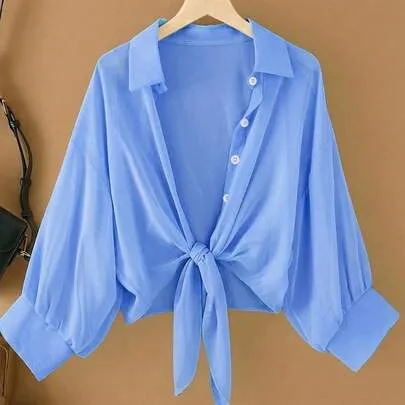Solid Color Twist Front Button Down Long Sleeve Shirt by SHEIN