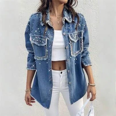 Thigh Length Denim Shacket with Pearlescent Rhinestone Details, Button Closure, Collar Long Sleeve Jacket by SHEIN