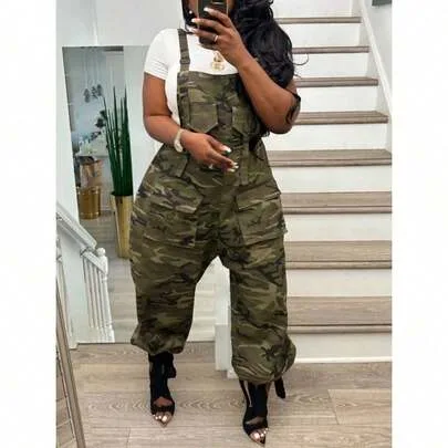 Y2K Loose Camouflage Overalls with Tapered Pants and Suspenders, Sleeveless