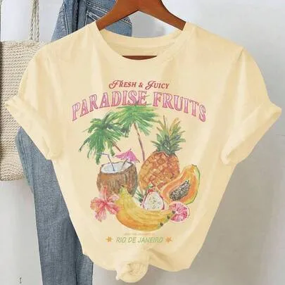 Oversized Short Sleeve Crew Neck "PARADISE FRUITS" Vintage Tropical Print Graphic Tee by SHEIN