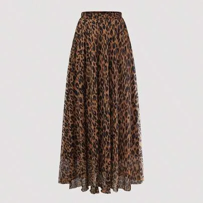 Leopard Printed Elastic Waist Chiffon Skirt by Franclia