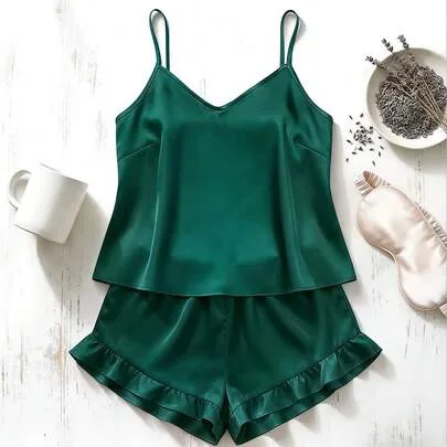 Satin Pajama Set V-Neck Camisole Shorts Adjustable Straps Ruffle Hem by SHEIN