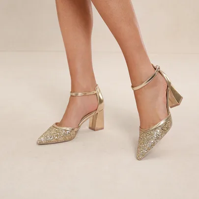 Hollow Pointed Toe Chunky High Heel Glitter Pumps by Etoivie