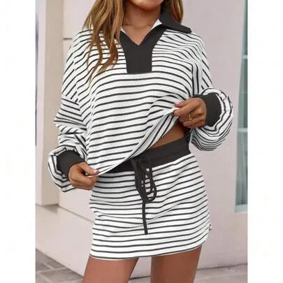 Striped Long Sleeve Sweatshirt & Skort Two-Piece Set by Fisoew