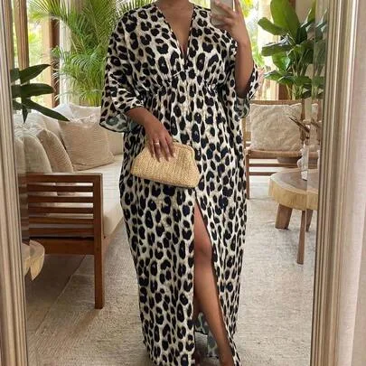Leopard Print Slit Hem Loose Dress
