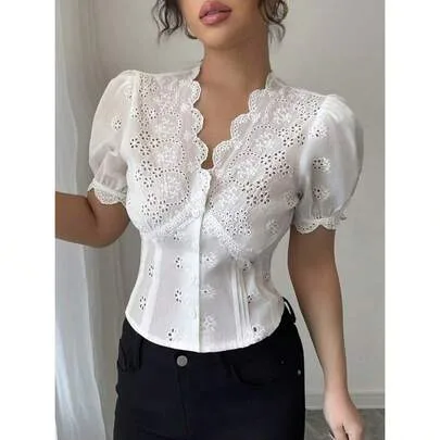 Short Sleeve V-Neck Open Front Buttoned Hollow Out Lace Fabric Blouse
