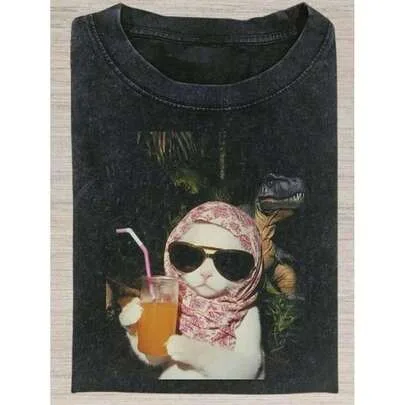 230g Washed Cold Kitten Print Wax Printed Cotton Retro Shirt by SHEIN