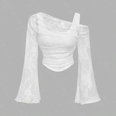 Off-Shoulder Lace 2-In-1 Flared Sleeve Long Sleeve Top by SHEIN