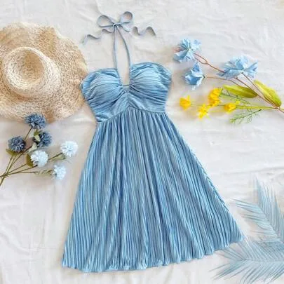 Solid Color Pleated Halter Mini Milkmaid Dress by Soleia