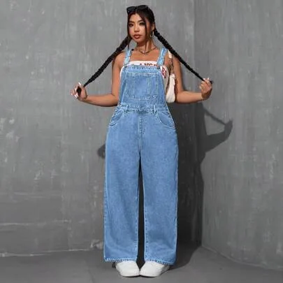 Pocketed Wide Leg Denim Jumpsuit