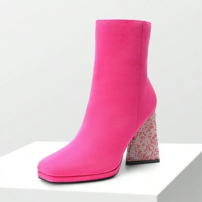 Square Toe Faux Suede Rhinestones Chunky Heels Ankle Boots by Dream Pairs