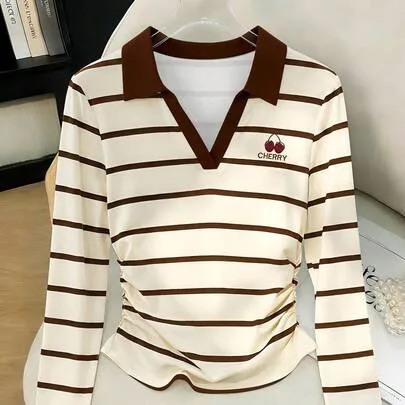 Cherry Striped High-Neck Long-Sleeve Shirred Slim Top by Resyla