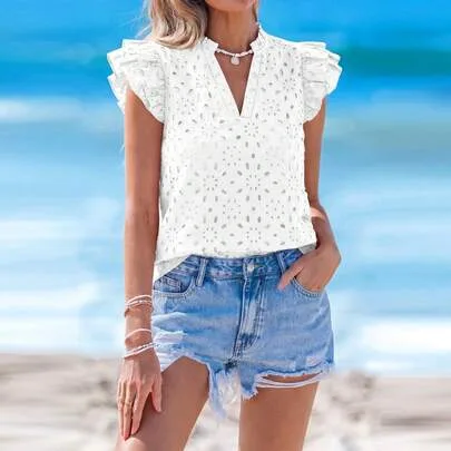 V Neck Ruffle Cap Sleeve Hollow Out Eyelet Embroidered Double Layer Boho Pullover Blouse by BTFBM