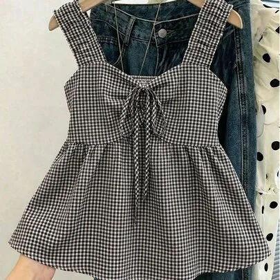 Plaid Cami Top, Ruched Peplum Hem Sleeveless Blouse, Ruffle Trim Slim Fit Tank Top by SHEIN