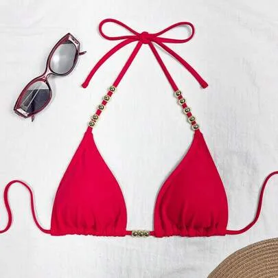 Halter Tie-Up Gold Bead Accent Bikini Top, Triangle Beaded Bikini Set by Swim Basics