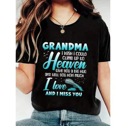 100% Cotton Grandma My Angel in Heaven I Love Miss You Family Memorial T-Shirt by SHEIN