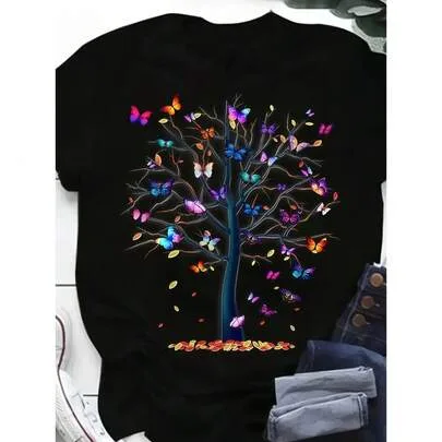 Butterfly Tree Print Graphic Crew Neck T-Shirt, 220gsm Knit by SHEIN