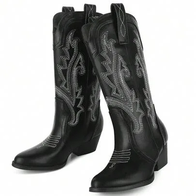 Embroidered Western Boots Pointed Toe Chunky Heel Mid Calf Cowboy Cowgirl Boots