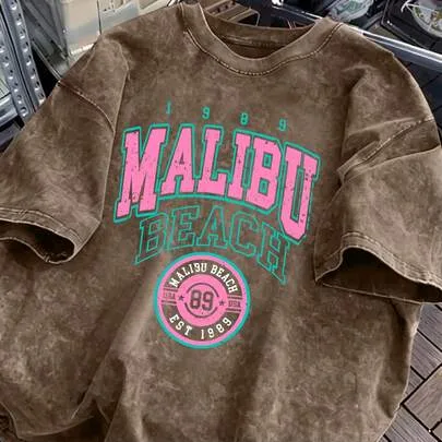 100% Pure Cotton Vintage Washed Malibu Beach T-Shirt by SHEIN