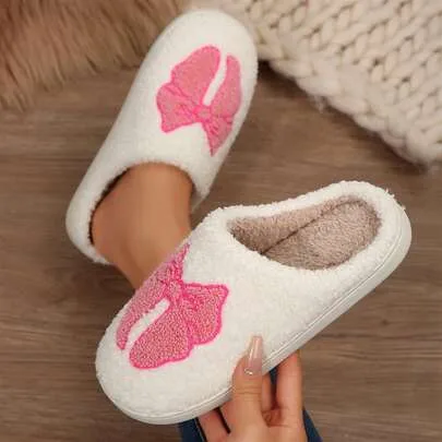 Plush Slippers Bow Memory Foam Slip on Fluffy Warm House Slippers