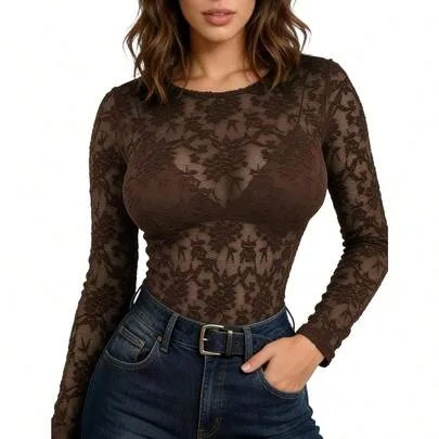 Mesh Lace Long Sleeve Crewneck Slim Fitted See Through Blouse by YOGINGO