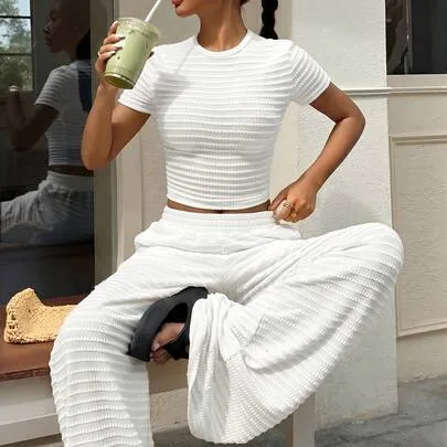 Solid Color Short Sleeve T-Shirt and Pants Knit Set by Muchica