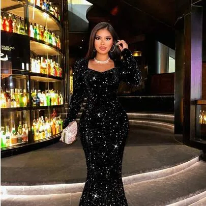 Sequins Long Sleeve Slim High Waist Evening Gown by Elisanya