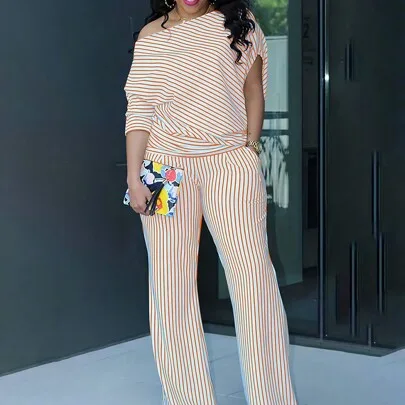 Striped Asymmetrical Neck Top and Pants Set by SHEIN