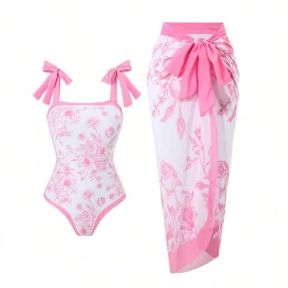 Floral Print One-Piece Conservative Tummy Control Swimsuit with Cover-Up Skirt by SHEIN