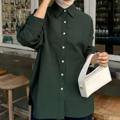 Solid Drop Shoulder Button Front Linen Long Sleeve Shirt by DAZY