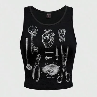 Gothic Dark Mysterious Academy Skull Moth Sun Moon Star Pattern Tank Top by ROMWE