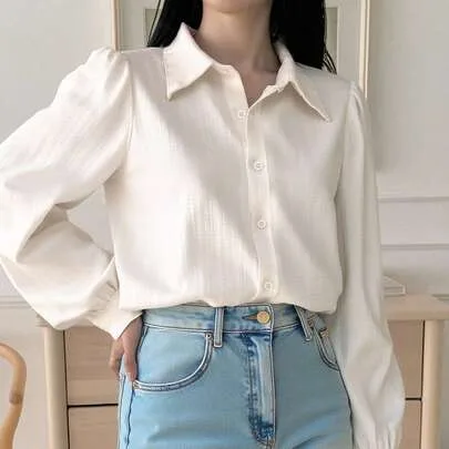 Pleated Solid Color Turndown Collar Loose Blouse Long Sleeve by DAZY