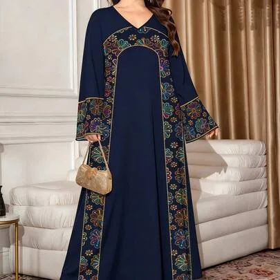 Floral and Striped Faux Sequin Print V-Neck Long Sleeve Dress by SHEIN