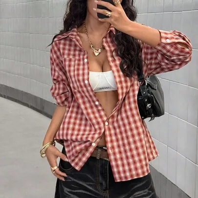 Front Button Drop Shoulder Long Sleeve Plaid Casual Shirt
