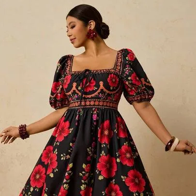Elegant Princess Dress, Floral Print Puff Sleeve Boho Dress by Travachic