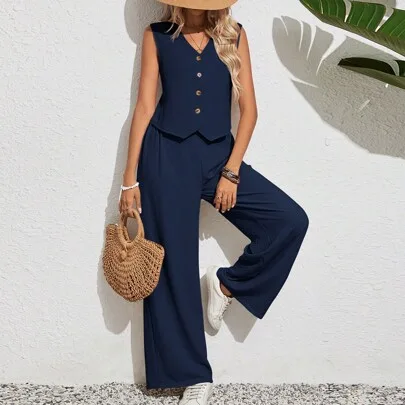 Solid Sleeveless Top and Long Pants Two-Piece Set by SHEIN