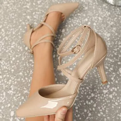 High Heels, Pointed Toe, Cross Strap, Hollow Out, Single Buckle