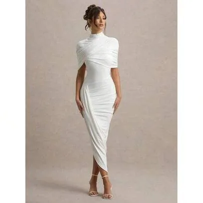 Ruched Bodycon Midi Dress Backless Shawl Sleeve by SHEIN