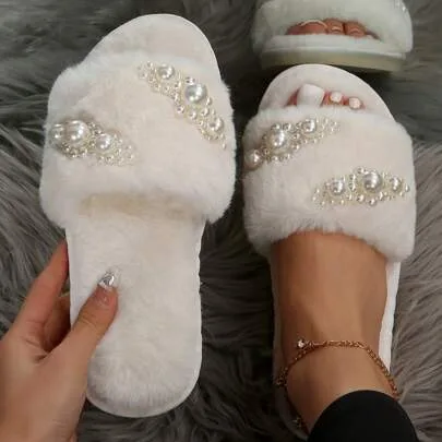 Rhinestone Bow Fluffy Slippers Non-Slip Slides